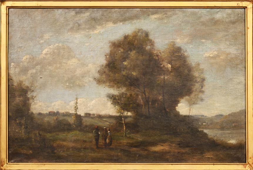 Paysage dans le style de Camille COROT avec son cadre de style rococo, XIXe siècle-1