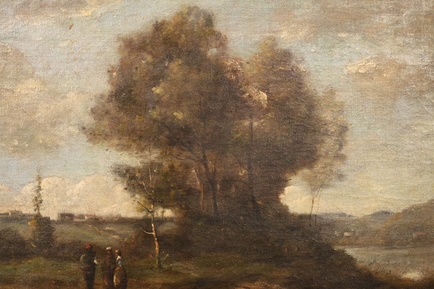 Paysage dans le style de Camille COROT avec son cadre de style rococo, XIXe siècle-2