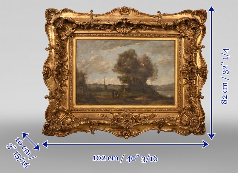 Paysage dans le style de Camille COROT avec son cadre de style rococo, XIXe siècle-11