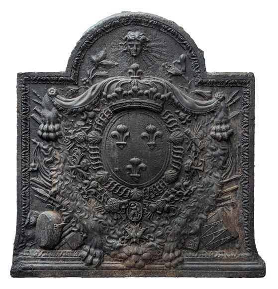 Plaque de cheminée aux armes de France, avec une tête d'Apollon et la dépouille d'un lion-0