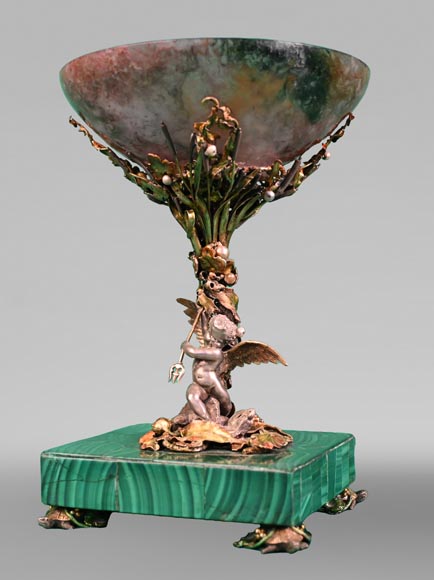 François-Désiré FROMENT-MEURICE, Coupe en argent, agate et malachite ornée d'un riche décor maritime, 1853-0