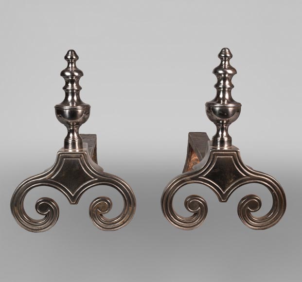 Paire de chenêts en bronze poli, XIXe siècle-0