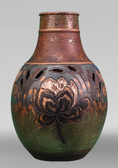 Ernest CHAPLET pour la manufacture HAVILAND, Vase au décor de plantes aquatiques, vers 1880-0