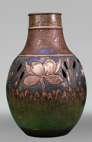 Ernest CHAPLET pour la manufacture HAVILAND, Vase au décor de plantes aquatiques, vers 1880-1