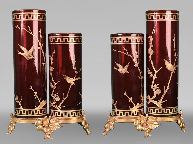 BACCARAT, paire de doubles vases au décor japonisant, vers 1880-0