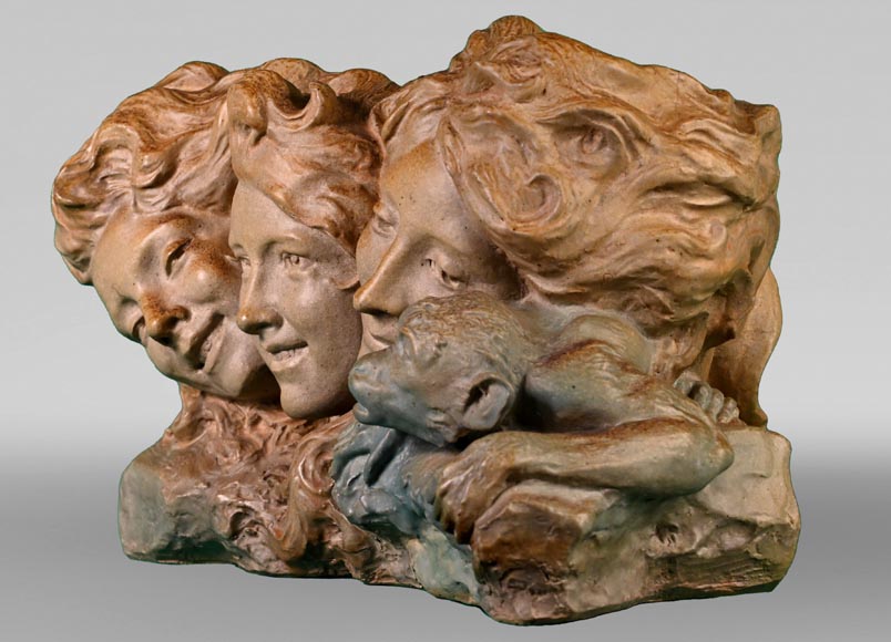 Georges ENGRAND et Émile MULLER, Jardinière aux trois visages de jeune fille et au singe, vers 1896-9