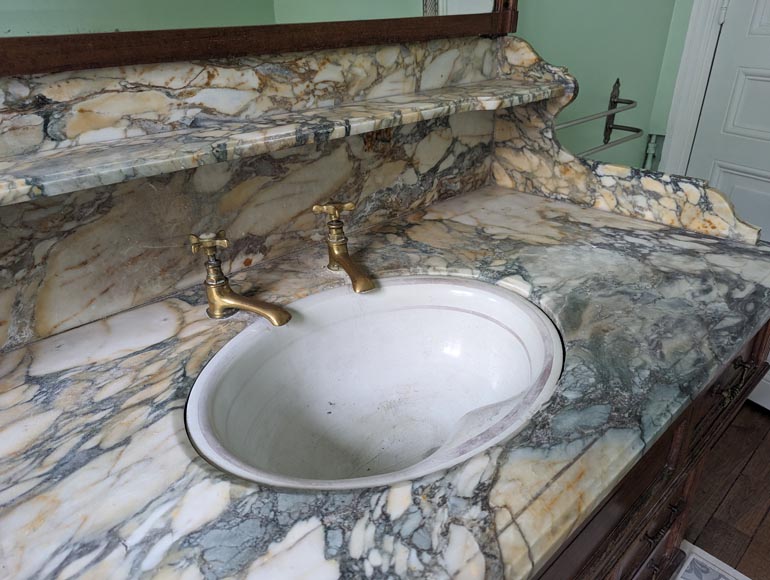 Grand lavabo de barbier en chêne et marbre Brèche de Médoue-6