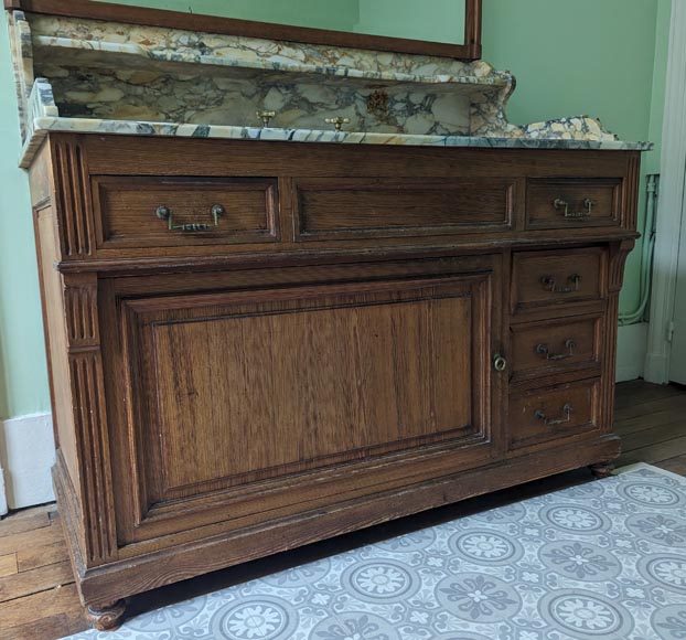 Grand lavabo de barbier en chêne et marbre Brèche de Médoue-9