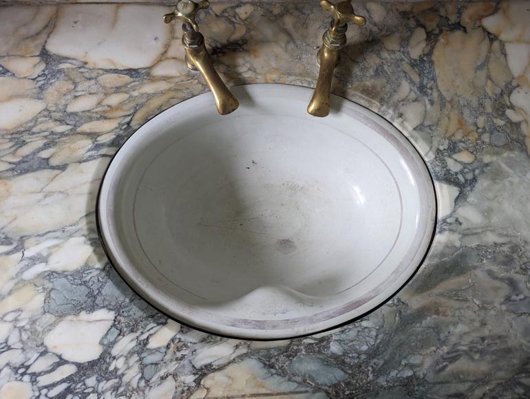 Grand lavabo de barbier en chêne et marbre Brèche de Médoue-11