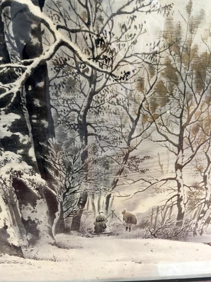 Cadre japonisant en bois sculpté et marqueterie de nacre, orné d'un dragon en bronze, et sa peinture sur soie figurant un paysage hivernal-6