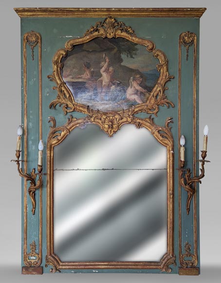 Trumeau doré d'époque Louis XV avec appliques et décoré d'une peinture-0