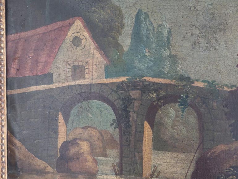 Trumeau d'époque Louis XVI orné d'une huile sur toile représentant un bord de rivière-3