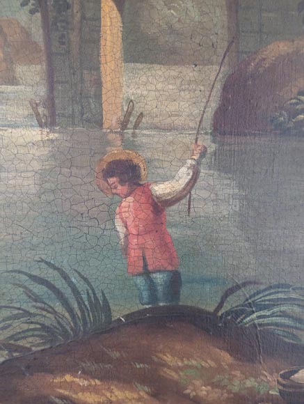 Trumeau d'époque Louis XVI orné d'une huile sur toile représentant un bord de rivière-4