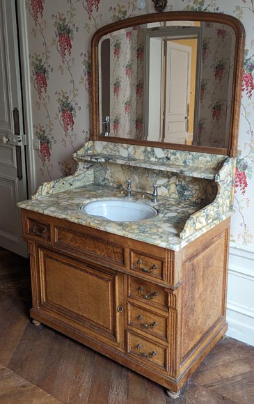 Petit lavabo de barbier en chêne et marbre Brèche de Médoue-3