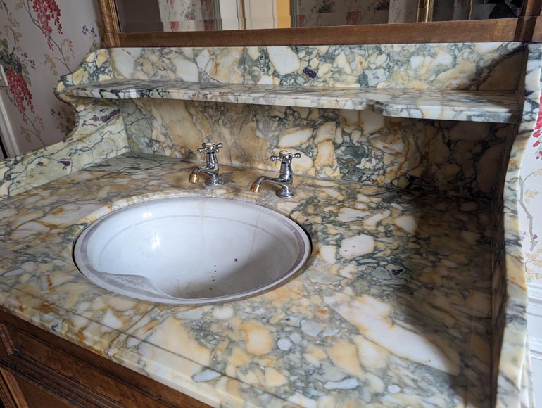 Petit lavabo de barbier en chêne et marbre Brèche de Médoue-4