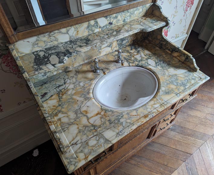 Petit lavabo de barbier en chêne et marbre Brèche de Médoue-5