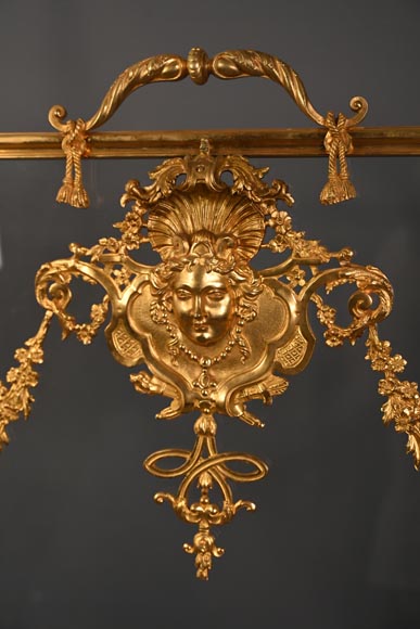 Pare étincelle de style Napoléon III au masque de femme et guirlande de fleurs en bronze doré et verre-1