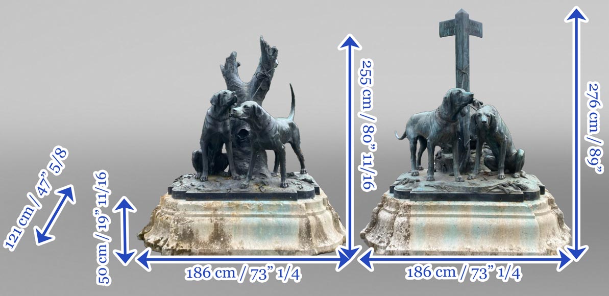 Auguste-Nicolas CAÏN, deux groupes monumentaux en bronze, socles en pierre d'origine, 1893-16