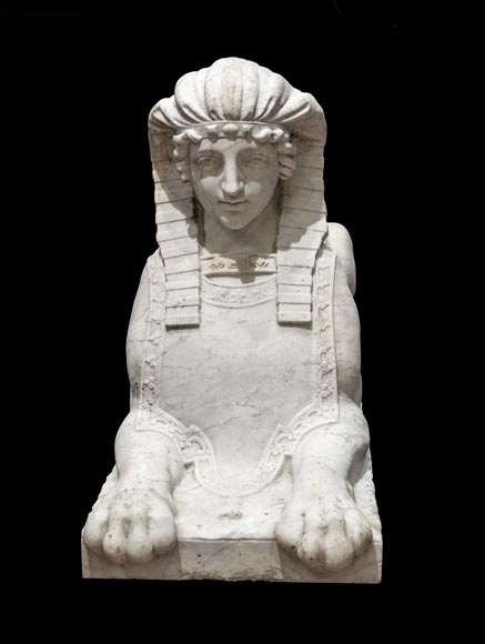Paire de sphinges en marbre de Carrare sculpté, XIXᵉ siècle-1