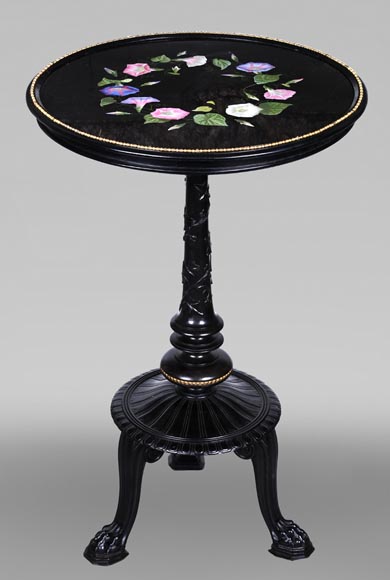Guéridon de style Napoléon III par Julien-Nicolas RIVART – Marqueterie florale sur plateau en marbre-0