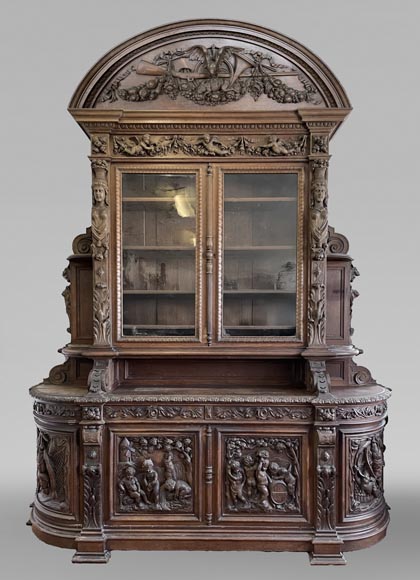 Grande bibliothèque en chêne de style Napoléon III – Thématique des Quatre Saisons-0