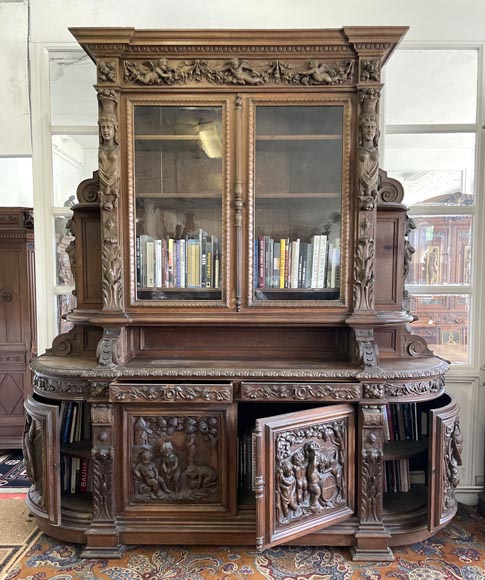 Grande bibliothèque en chêne de style Napoléon III – Thématique des Quatre Saisons-1
