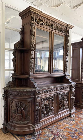 Grande bibliothèque en chêne de style Napoléon III – Thématique des Quatre Saisons-2