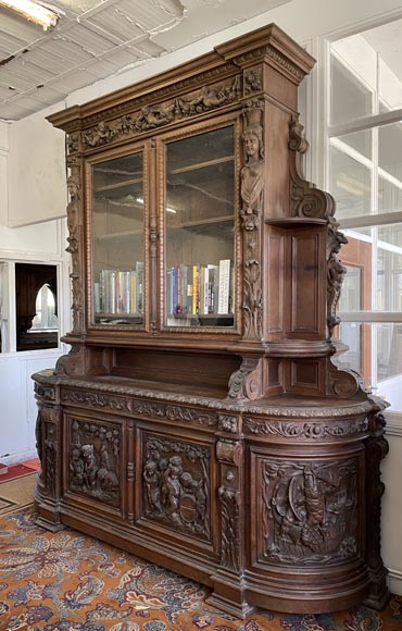 Grande bibliothèque en chêne de style Napoléon III – Thématique des Quatre Saisons-3