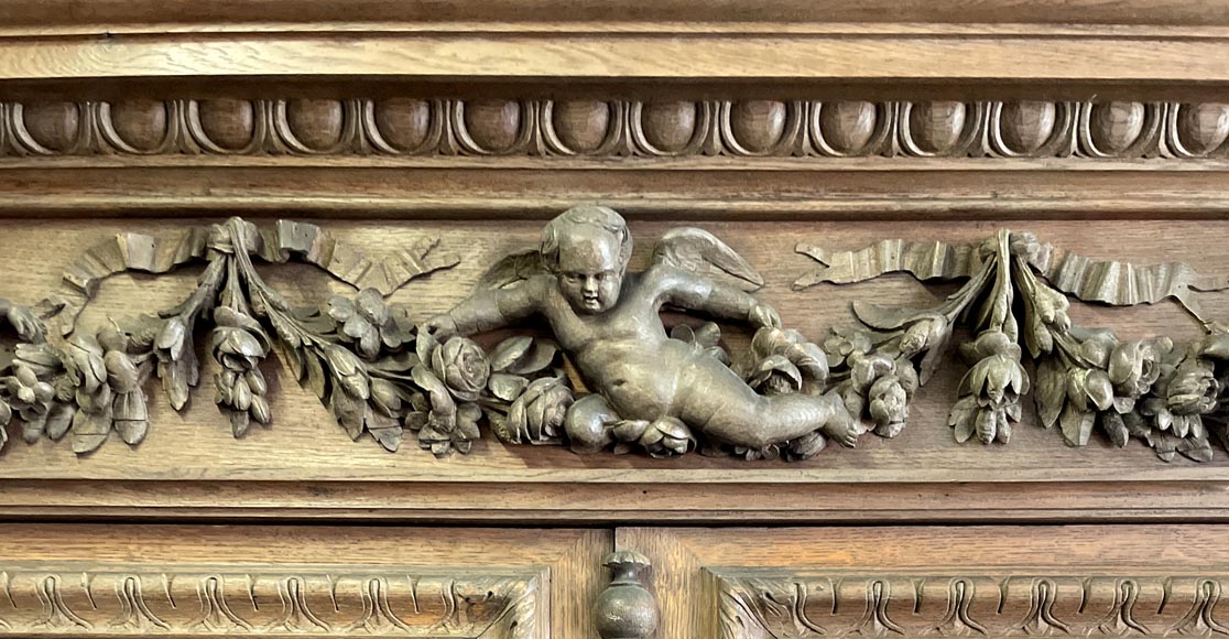 Grande bibliothèque en chêne de style Napoléon III – Thématique des Quatre Saisons-5