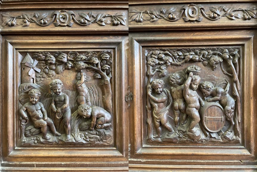 Grande bibliothèque en chêne de style Napoléon III – Thématique des Quatre Saisons-10