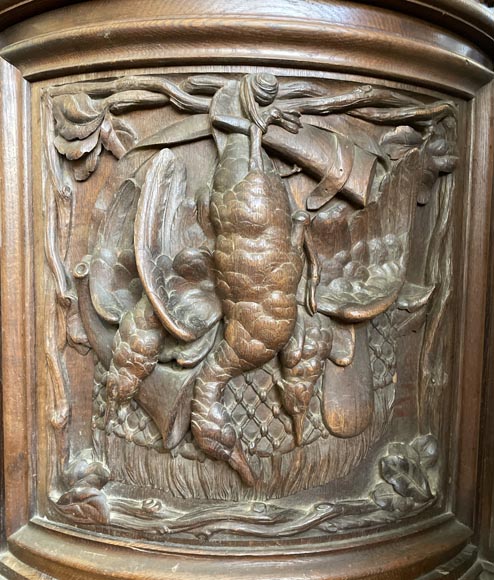Grande bibliothèque en chêne de style Napoléon III – Thématique des Quatre Saisons-11