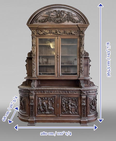 Grande bibliothèque en chêne de style Napoléon III – Thématique des Quatre Saisons-12