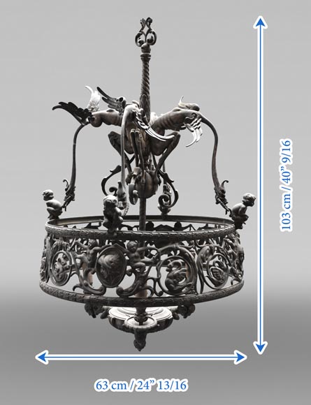Lustre néo-Renaissance en bronze avec des monstres-8