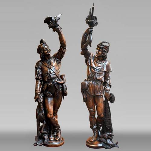 RIBAILLER et MAZAROZ, Paire de statues en noyer d’un chasseur et d’un pêcheur, après l’Exposition universelle de 1855