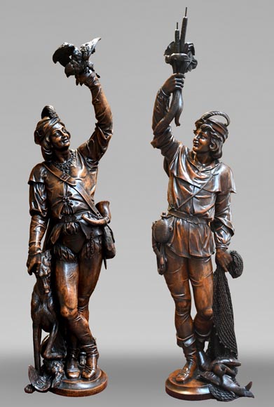 RIBAILLER et MAZAROZ, Paire de statues en noyer d’un chasseur et d’un pêcheur, après l’Exposition universelle de 1855-0