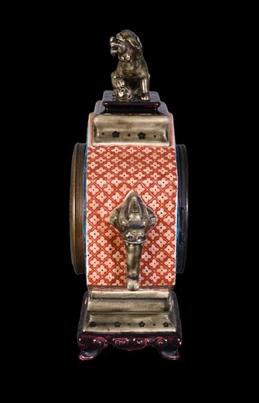Jules VIEILLARD – Pendule au chien de Fô en faïence polychrome-4