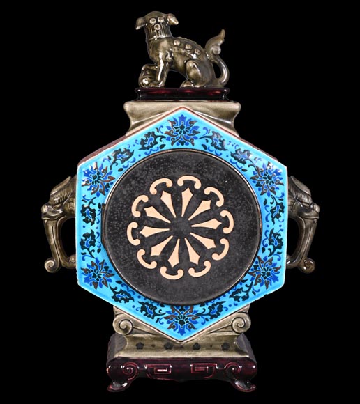 Jules VIEILLARD – Pendule au chien de Fô en faïence polychrome-6