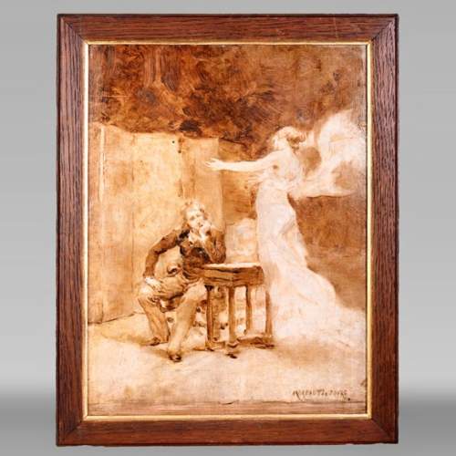 GEORGES MOREAU DE TOURS – Le peintre et sa muse, tableau en grisaille signé