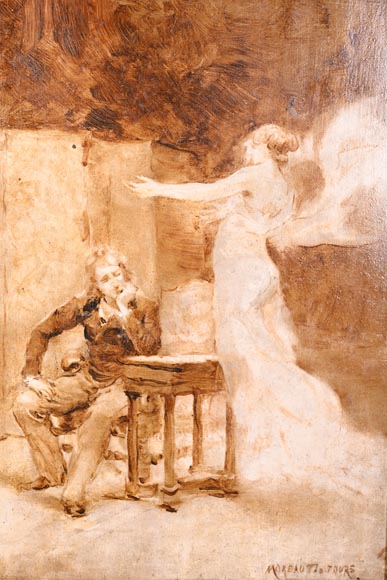 GEORGES MOREAU DE TOURS – Le peintre et sa muse, tableau en grisaille signé-1