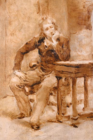 GEORGES MOREAU DE TOURS – Le peintre et sa muse, tableau en grisaille signé-4