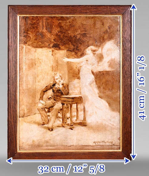 GEORGES MOREAU DE TOURS – Le peintre et sa muse, tableau en grisaille signé-8