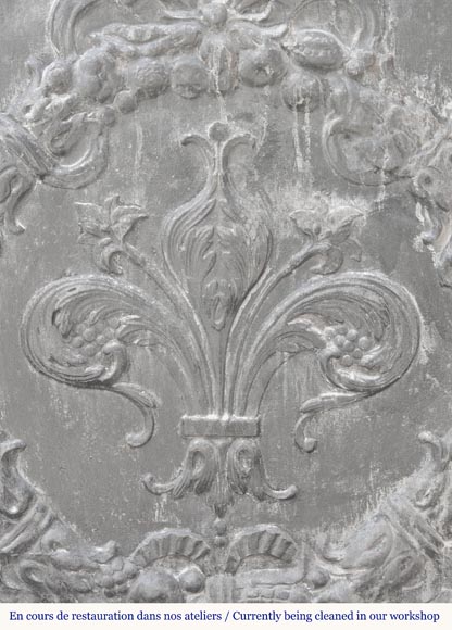 Plaque de cheminée de style Napoléon III à fleur de lys stylisée, entourée d'une couronne végétale-1