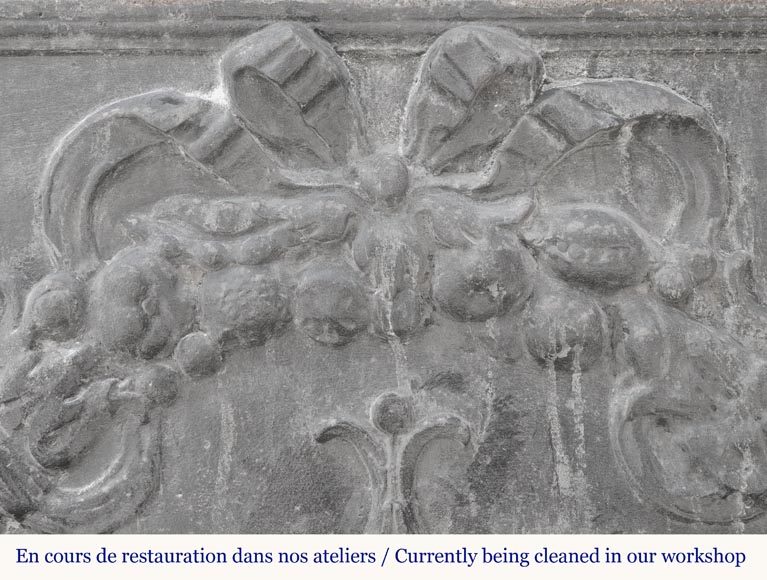 Plaque de cheminée de style Napoléon III à fleur de lys stylisée, entourée d'une couronne végétale-2
