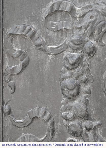 Plaque de cheminée de style Napoléon III à fleur de lys stylisée, entourée d'une couronne végétale-3
