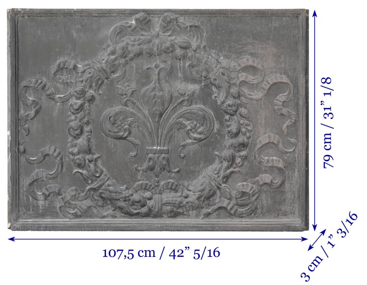 Plaque de cheminée de style Napoléon III à fleur de lys stylisée, entourée d'une couronne végétale-6