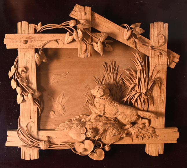 Haut relief sculpté en bois tendre de scène animalière, XIXe siècle-1