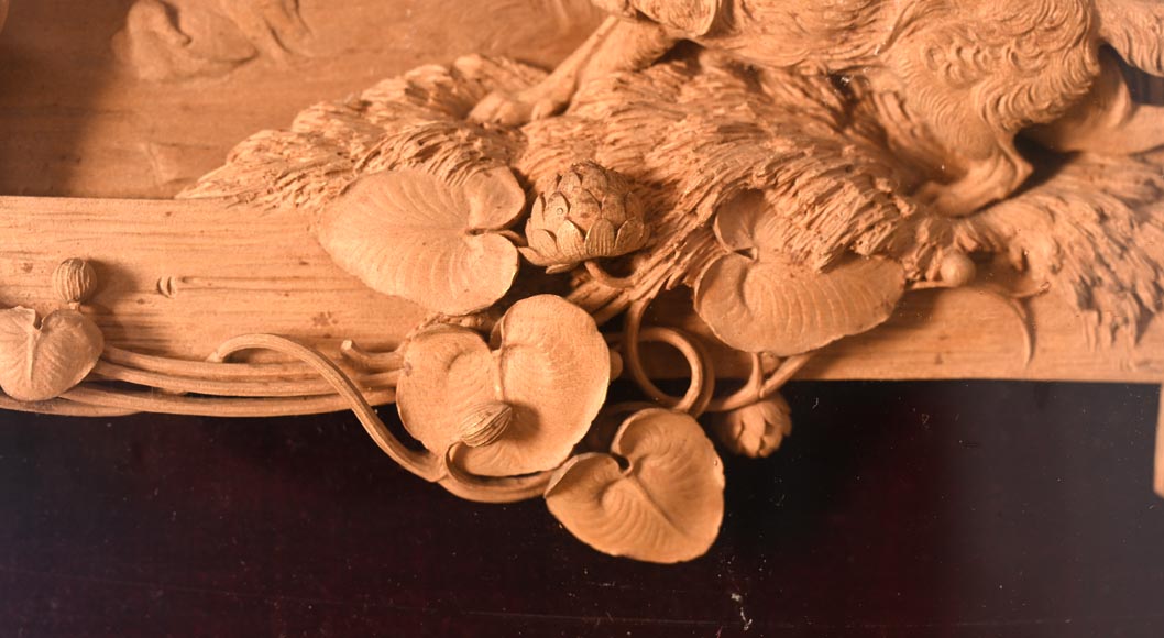 Haut relief sculpté en bois tendre de scène animalière, XIXe siècle-4
