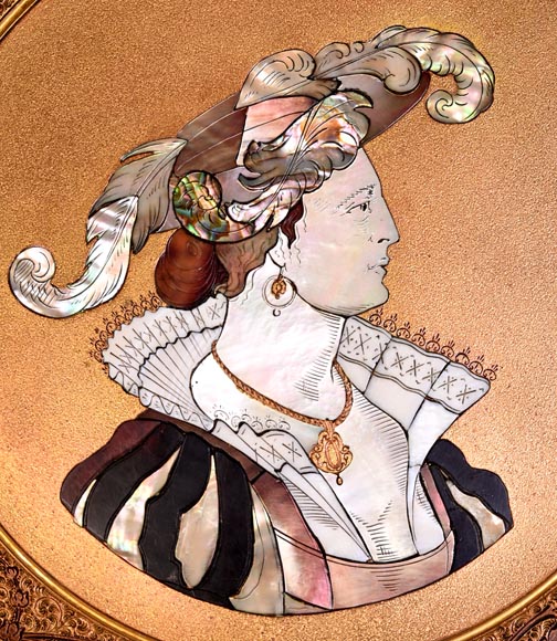 Maison KAYSER SOHN, Personnages de la Renaissance – Paire de plats décoratifs en corviniello, datés 1884-3