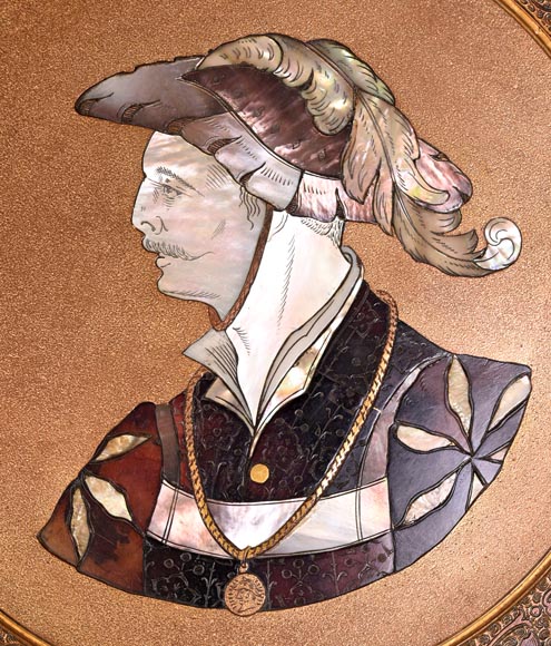 Maison KAYSER SOHN, Personnages de la Renaissance – Paire de plats décoratifs en corviniello, datés 1884-4