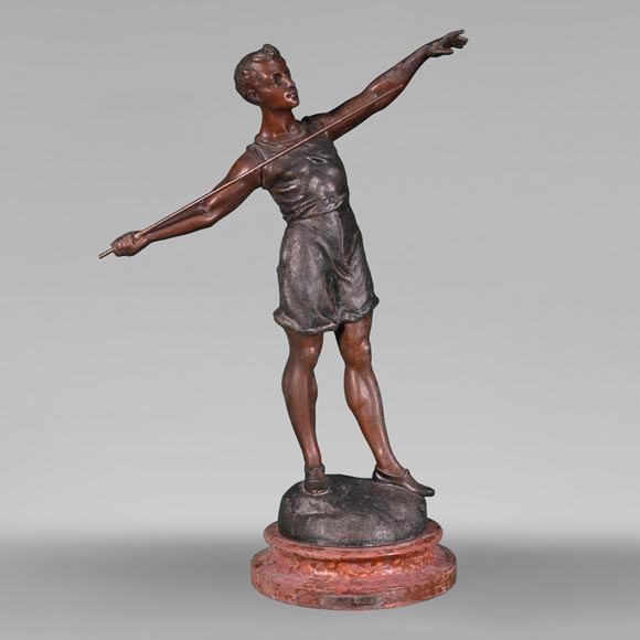 « Le lanceur de javelot », statuette en régule, patiné à deux tons-0